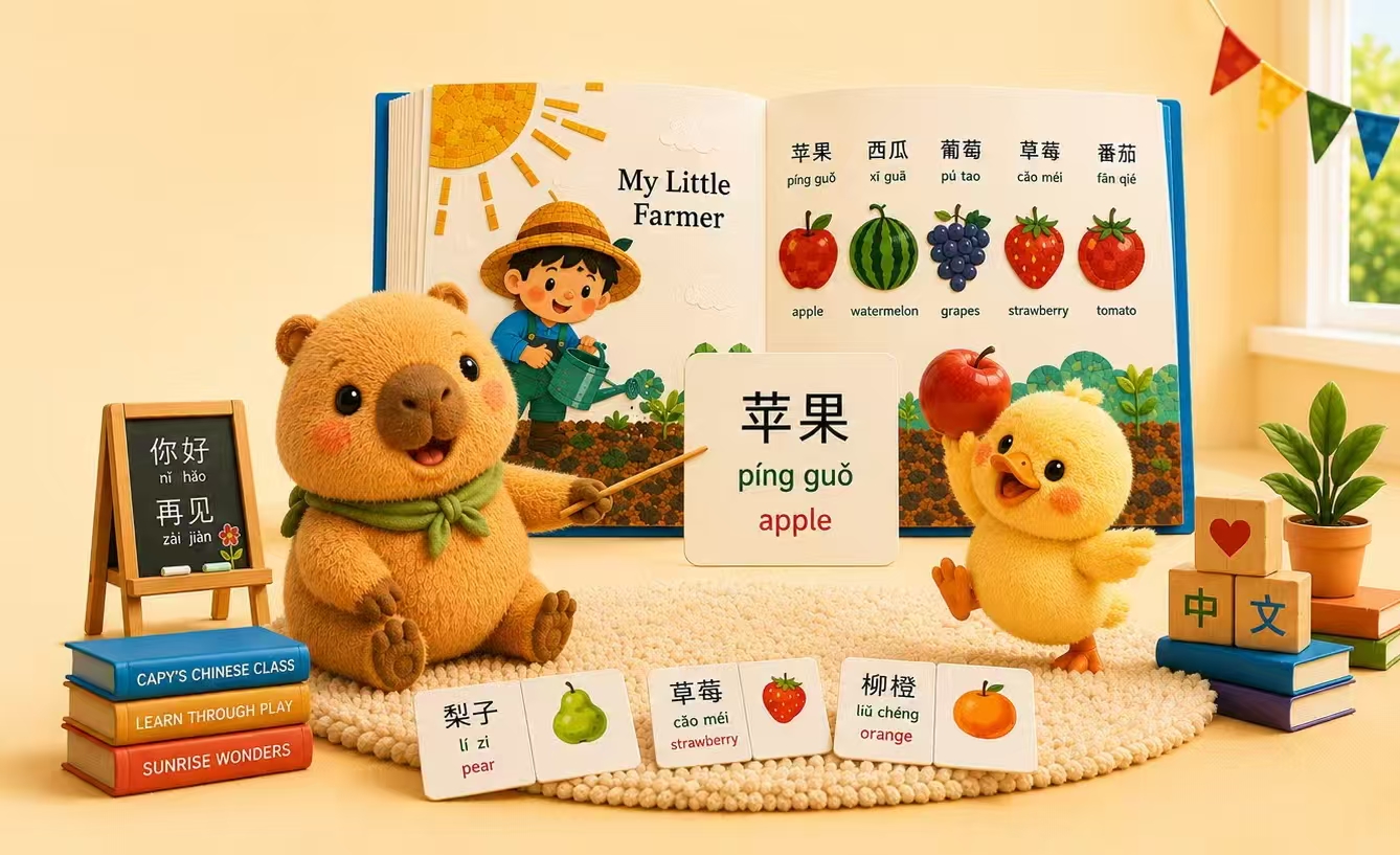 A playful Mandarin learning scene with an open picture book, a capybara and a chick.